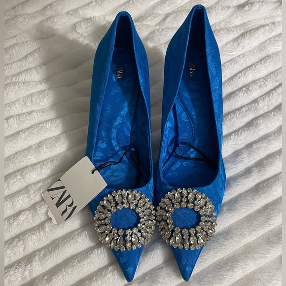 Zara Shoes - Zara Blue Animal Print Heels with Rhinestone Embellishment